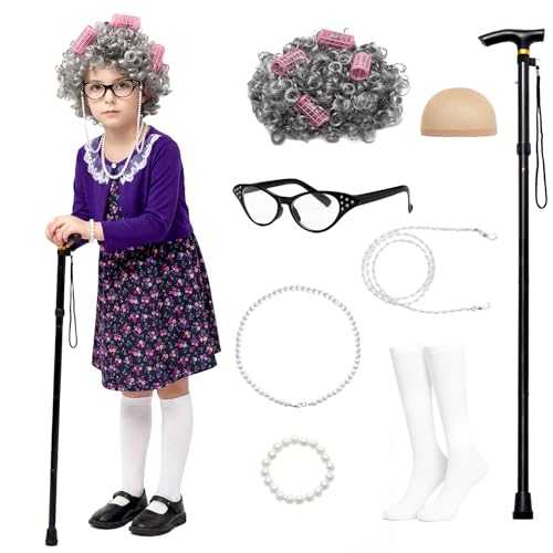 ENBOFID Old Lady Costume for Girls 100th Day of School Costume Grandma Granny Dress with Wig for Kids