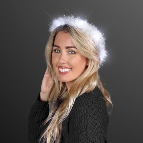 FlashingBlinkyLights Light Up White Angel Halo Headband with Marabou Feathers and White LED Lights