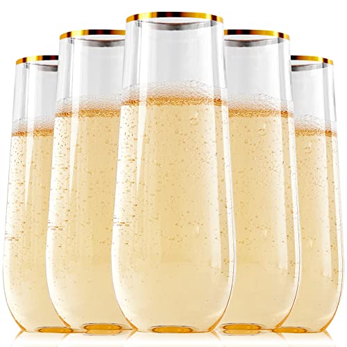 FOCUSLINE 24 Pack 9 Oz Plastic Stemless Gold Rim Champagne Flutes, Heavy Duty, Shatterproof, Disposable & Reusable Crystal...
