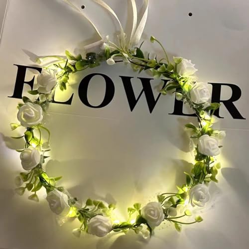 Seadiquiet White Vintage LED Flower Crown, Glow Flower Wreath Headbands Luminous Led Bridal Headpiece Wedding Headdress Ha...