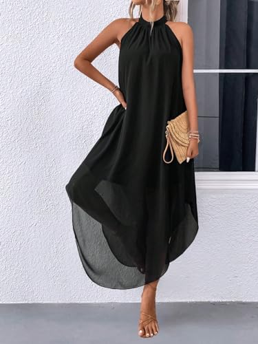 Verdusa Women's Formal Wedding Guest Dress Halter Flowy Sleeveless Asymmetrical Long Summer Dress