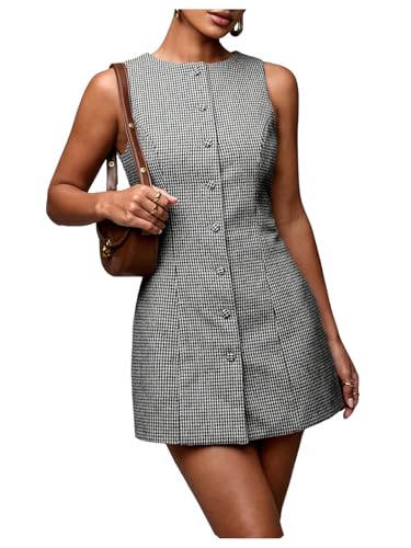 SOLY HUX Women's Plaid Button Down Dress Crew Neck Sleeveless Tie Back Work Office Mini Dresses