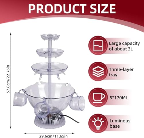 3-Tier Cocktail Machine with LED Base and 5 Cups, Electric Champagne Fountain Drink Dispenser for Wedding, Party, Celebrat...