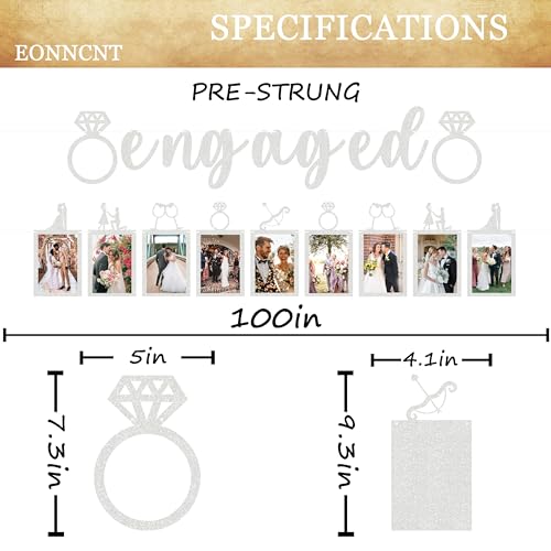 Pre-Strung Engaged Photo Banner - Silver Glitter Engagement Party Decoration Supplies with Romantic Memories Picture Card ...