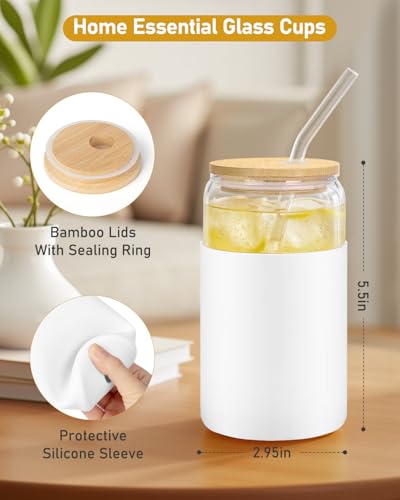 sungwoo Glass Cups with Lids and Straws, 4 Pack 16OZ Iced Coffee Cups with Silicone Sleeve, Glass Tumbler with Straw and B...