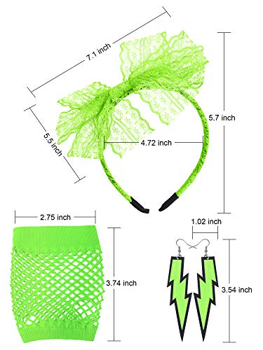 Blulu 80s Accessories for Women Lace Headband Neon Earrings Fishnet Gloves for 80s Retro Party Fancy Dress Masquerade