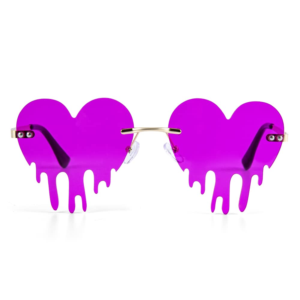 Melting Heart Sunglasses for Men/Women Rimless Irregular Party Unique Sun Glasses Metal Prom Halloween Colorful Eye Glasses (Deep purple)