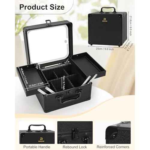 Chomeiu Makeup Bag with Mirror, Travel Train Case Large Cosmetic Organizer with 2 Trays and Vanity Mirror with LED Lights, Brush Holder Storage Box Suitcase for Nail Kits Cosmetics Craft, Black