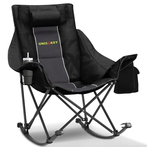 Unisakey Oversized Rocking Camping Chair with Headrest & Cup Holder - 400lbs Capacity, 600D Oxford Fabric, Easy Fold Porta...