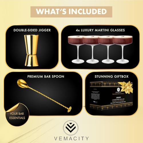 VEMACITY - Ribbed Espresso Martini Glasses Set of 4 with Gold Rims - Vintage Cocktail Glasses for Margaritas, Champagne an...
