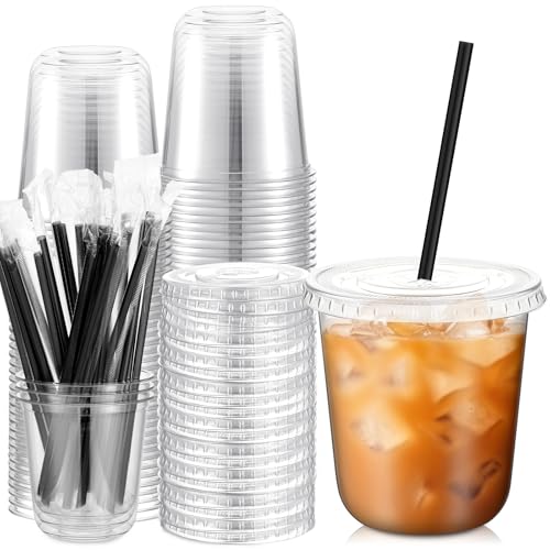 Ziliny 25 Set 12 oz Clear Plastic Cups with Lids and Straws, Disposable Iced Coffee PET Cups for Drinking Cold Beverage Ju...