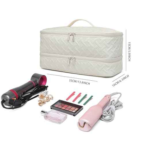 Double-Layer Travel Carrying Case for Revlon One-Step Hair Dryer Brush Volumizer Styler Shark FlexStyle Attachment Portable Storage Organizer Bag Hair Tools Travel Bag (Beige)