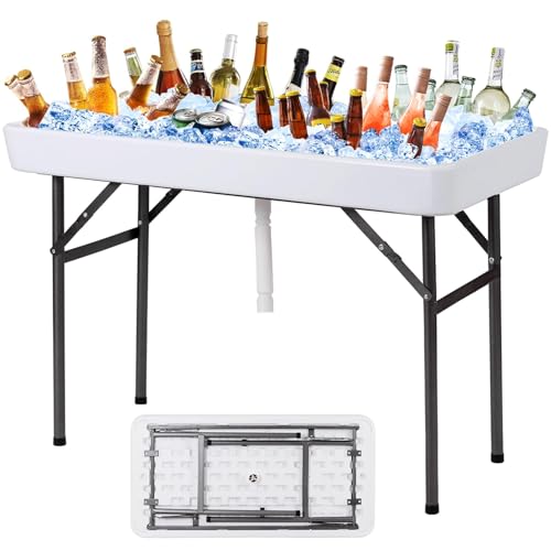 Giantex Folding Ice Table with Drain, 4 ft Portable Cooler with Removable Skirt, No Assembly, Fill and Chill Table for Foo...