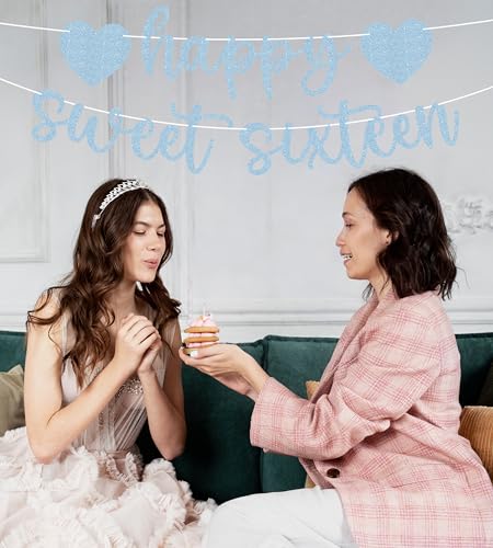 Pre-strung Happy Sweet Sixteen Banner - Light Blue Glitter 16th Birthday Party Decorations & Decor, Photo Booth Props
