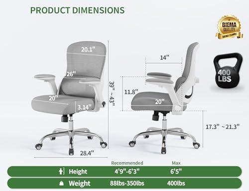 Veratric Ergonomic Office Chair: 400LBS Office Computer Desk Chair with High Back Mesh and Adjustable Lumbar Support Rolli...
