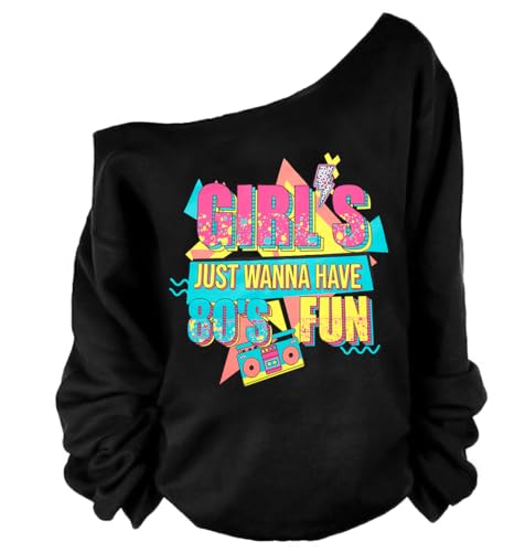 QLIPIN 80s 90s Outfits for Women 80's Theme Party Long Sleeve Shirt 90s Off the Shoulder Sweatshirt Retro Neon Disco Pullover