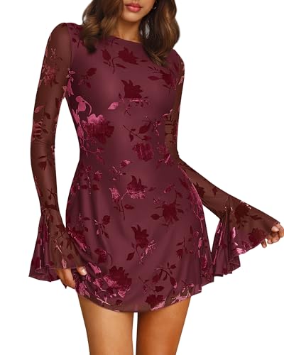 BTFBM Women Floral Wedding Guest Dress Spring 2026 Casual Long Sleeve Crew Neck Flowy Party Cocktail Mini Dresses