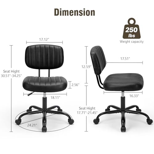 DUMOS Small Armless Home Desk Chair with Low Back Lumbar Support, Height Adjustable PU Leather Computer Task Chair with 36...