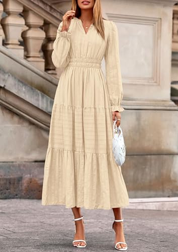 PRETTYGARDEN Women's 2026 Fall Wedding Guest Dresses Long Sleeve V Neck Flowy Elegant Holiday Party Maxi Dress with Pockets