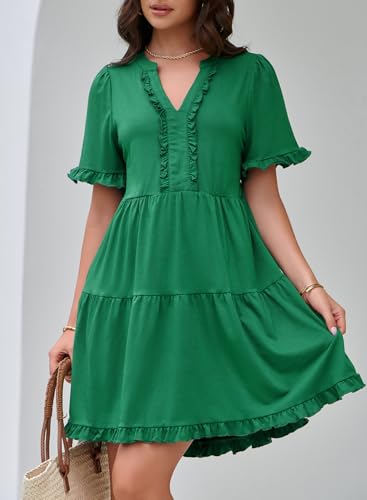 Dokotoo Womens Summer Dresses V Neck Short Sleeve Casual Empire Waist Flowy Babydoll Mini Dress