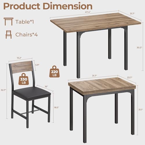 IRONCK 5-Piece Dining Table Set for 4, Extendable Kitchen Table Chairs Set of 4, Dining Room Table with 4 Upholstered Chai...