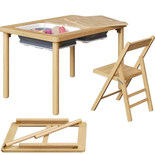 FUNLIO Foldable Wooden Sensory Table with 2 Bins & 1 Foldable Chair for Toddlers, Kids Sensory Table with Anti-Warping Ply...