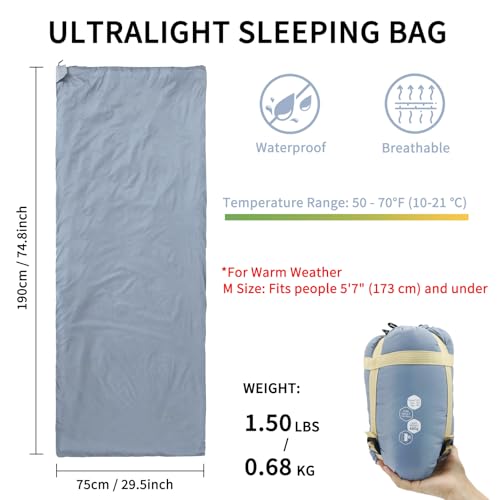 NewDoar Ultralight Backpacking Sleeping Bag - 50-70°F, 1.5lbs, Waterproof & Machine Washable, 2-Way Zipper for Teens,Coupl...