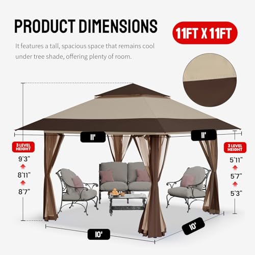 CROWN SHADES 11x11 Pop Up Gazebo, Patented One Push Outoor Canopy Tent with Wheeled STO-N-Go Cover Bag, Pop Up Canopy with...