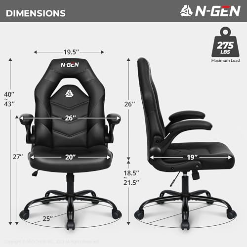 N-GEN Video Gaming Chair Ergonomic Computer Desk Office Chair with Lumbar Support Adjustable Height Swivel Wheels Flip-Up ...