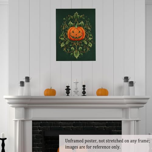 Embroidered Pumpkin Wall Art – Halloween Jack-o'-Lantern with Vines on Green Fabric Texture, Gothic Vintage Textile Style Canvas Print for Living Room-16x20Inch Ready to Hang(Unframed)
