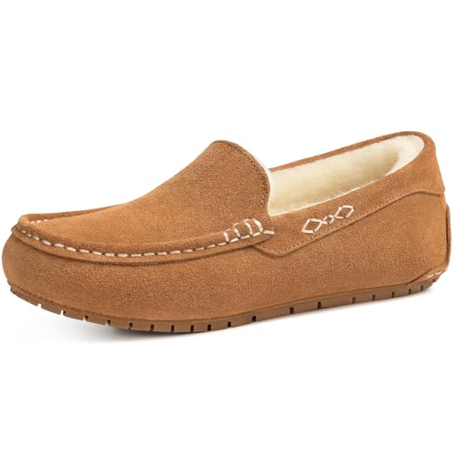 KIDMI Women's Genuine Suede Moccasin Slippers Fluffy Cozy House Shoes with Soft Sole Indoor/Outdoor