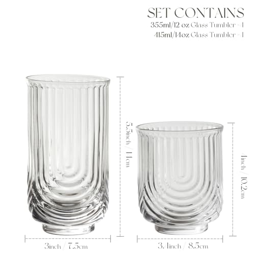 Art Deco Cocktail Glasses, Ribbed Drinking Glasses Set Of 8,14 oz Highball Glasses & 12 oz Cocktail Glasses Set, Kitchen W...