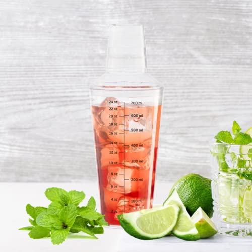 OGGI Clear Cocktail Shaker - 24 oz / 700 ml, Clear Durable Plastic Construction, Built in Strainer - Ideal Home Bar Drink ...