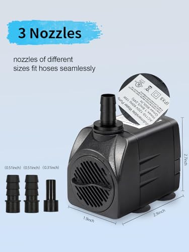 Fountain Pump, 220GPH Submersible Water Pump Outdoor, Ultra Quiet Water Fountain Pump for Pond Waterfall, Fish Tank, Aquar...
