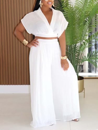 KEYUFANG Women's Summer 2 Piece Outfits Wrap V Neck Crop Top and Wide Leg Pants Sets Casual Vacation Outfits