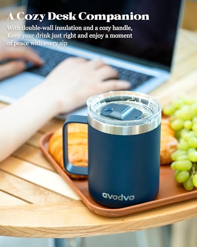 avodvo 12oz Insulated Coffee Mug with Lid – Includes Two Lids, Stainless Steel Coffee Travel Mug with Handle, Double Wall ...