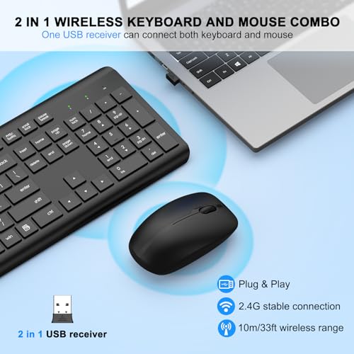 Wireless Keyboard and Mouse Combo, Full Size Silent Ergonomic Keyboard and Mouse, Long Battery Life, Optical Mouse, 2.4G L...