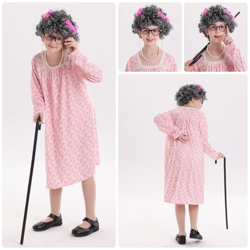 VICAMB 13PCS 100 Days of School Costume Girls Old Lady Costume Kids Grandma Dress Granny Costume Outfit