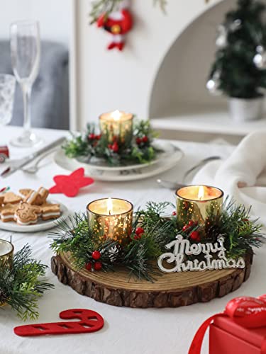 Christmas Candle Ring, 4 Pcs Votive Candle with Red Berry Pinecone, Xmas Ring Candle for Table Centerpiece Decoration Wedd...