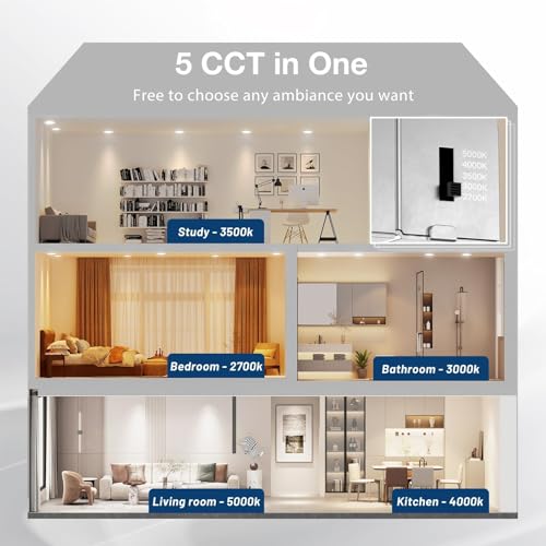 Amico 6 Pack 4 Inch 5CCT Ultra-Thin LED Recessed Ceiling Light with Junction Box, 2700K/3000K/3500K/4000K/5000K Selectabl...
