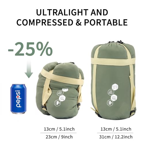 NewDoar Ultralight Backpacking Sleeping Bag - 50-70°F, 1.5lbs, Waterproof & Machine Washable, 2-Way Zipper for Teens,Coupl...
