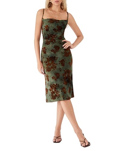 CIDER Womens Velvet Dress Floral Sleeveless Spaghetti Strap Ruched Midi Club Party Wedding Guest Dresses