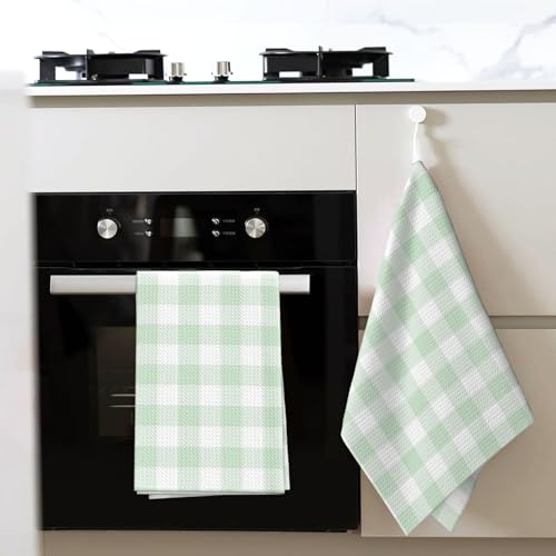 Novastar Kitchen Towels - Soft Absorbent Quick Towels for Kitchen Drying, Light Green White Checkered Print Drying Dish Hand Towel for Home Decor with Lanyard