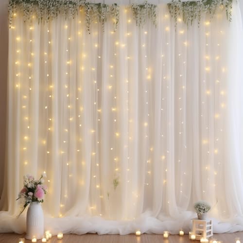 10ft x 10ft Cream White Chiffon Backdrop Curtain with Lights String for Parites Wedding Wrinkle Free Curtain Photo Backdro...