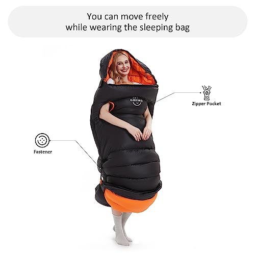 OMVMO 0-20 Degrees F Down Sleeping Bag for Adults - 4 Season Envelope With Arm Holes, Wearable for Backpacking Camping - U...