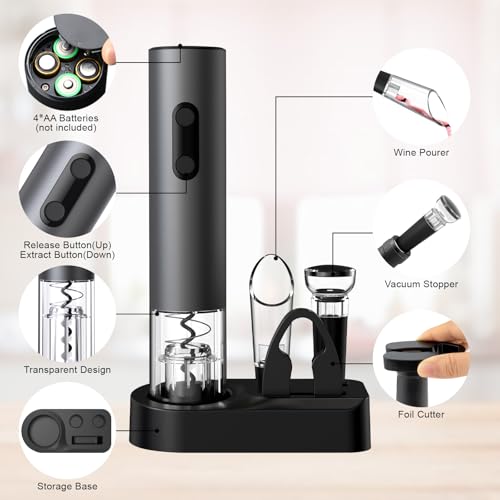 COKUNST Electric Wine Opener, 4-in-1 Wine Bottle Opener Set with Base, Cordless Automatic Battery Operated Corkscrew with ...