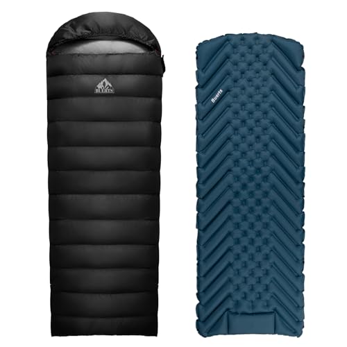 BUERTS Warm & Portable Sleep Kit: Ultralight 680FP Down Sleeping Bag (17°F~32°F) with Thickened Quick-Inflate Mat and Pillow