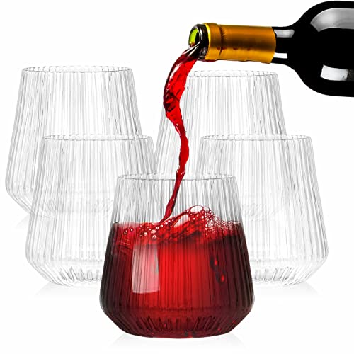 Tebery 20 Pack Plastic Ribbed Wine Glasses, 14Oz Origami Style Ridged Drinking Glasses Tumbler, Unique Vintage Stemless Cu...