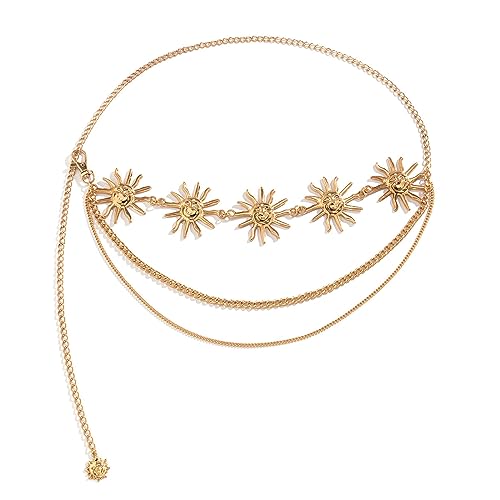 Women Multi-layere Tassel Sun Pendant Waist Belt Bikini Hollow Out Waist Chains Jewelry Metal Long Belly Chain Belt Rave P...