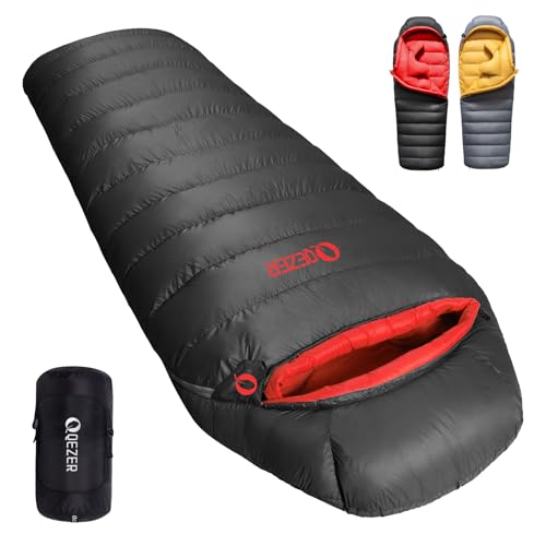 QEZER Down Sleeping Bag for Adults 620 Fill Power 0 Degree Sleeping Bag Cold Weather Ultralight with Pouch for Backpackin...